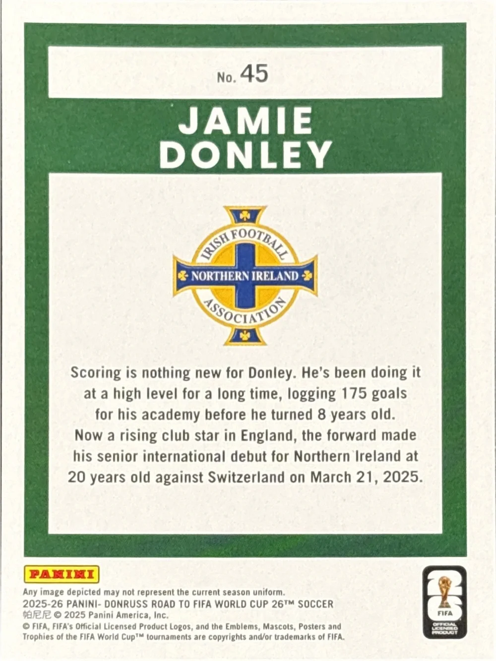 Jamie Donley World Cup Rookie Northern Ireland Soccer Card